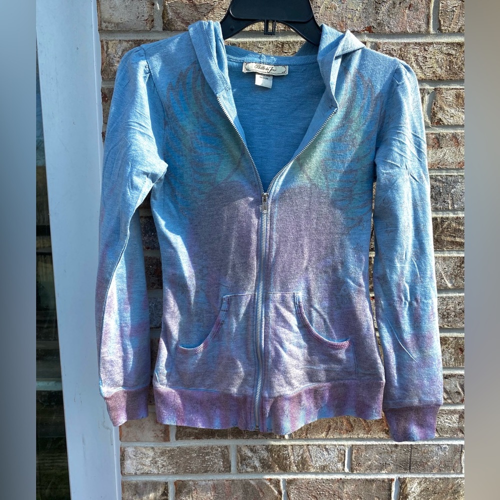 Belle Du Jour Angel Wing/Stars & Skulls Print Light Blue Ombré Fade Hoodie